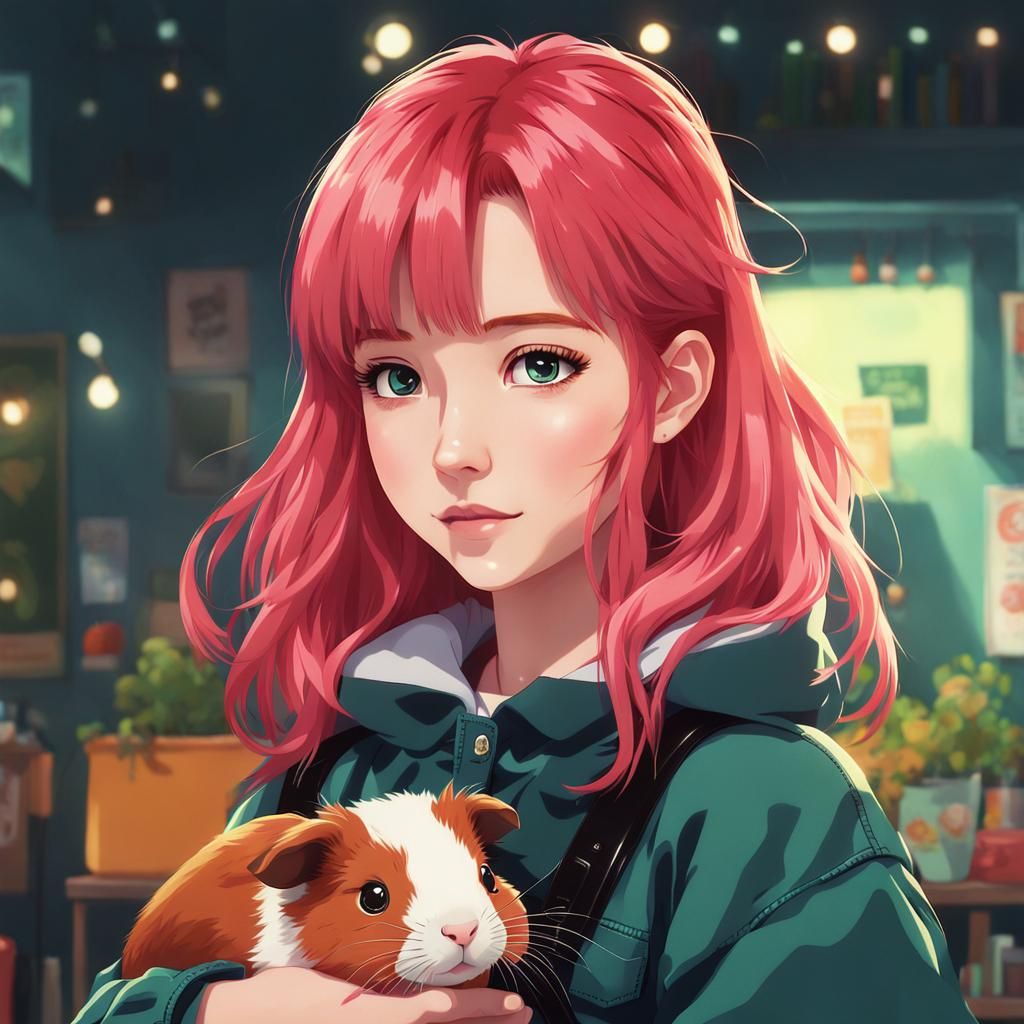 Anime Girl with Guinea Pig in 90s Style