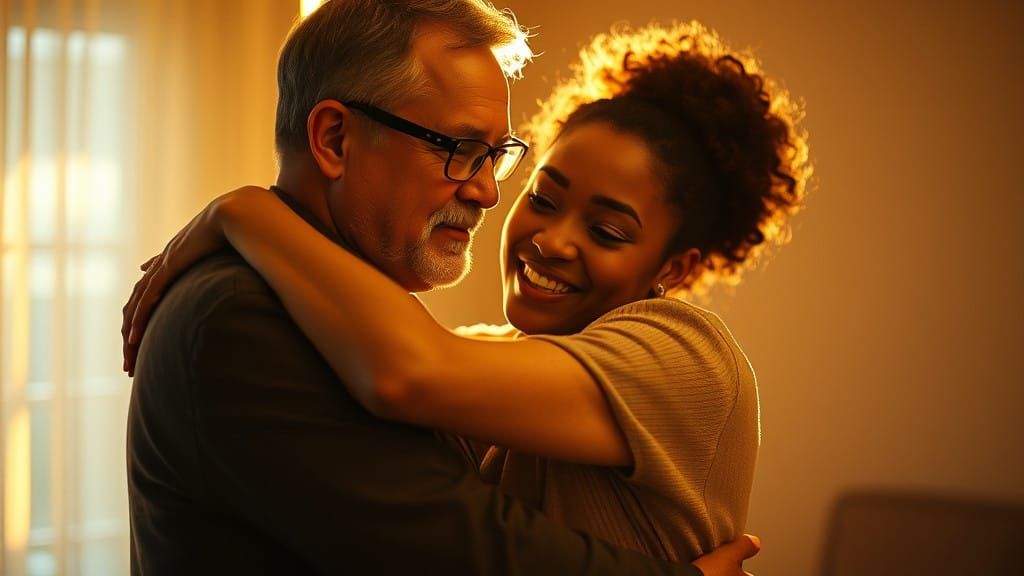 Interracial Couple's Tender Embrace in Warm Golden Light