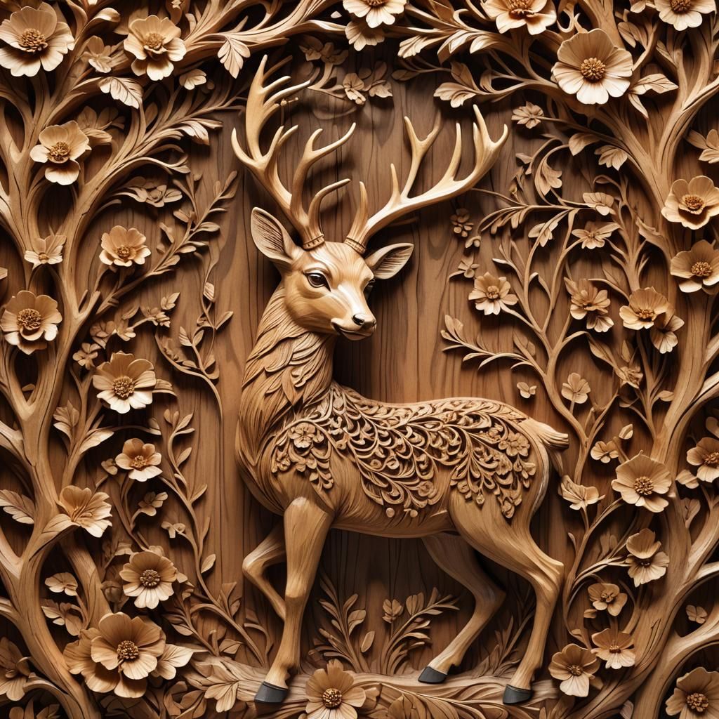 Intricate Wood Carving of a Deer