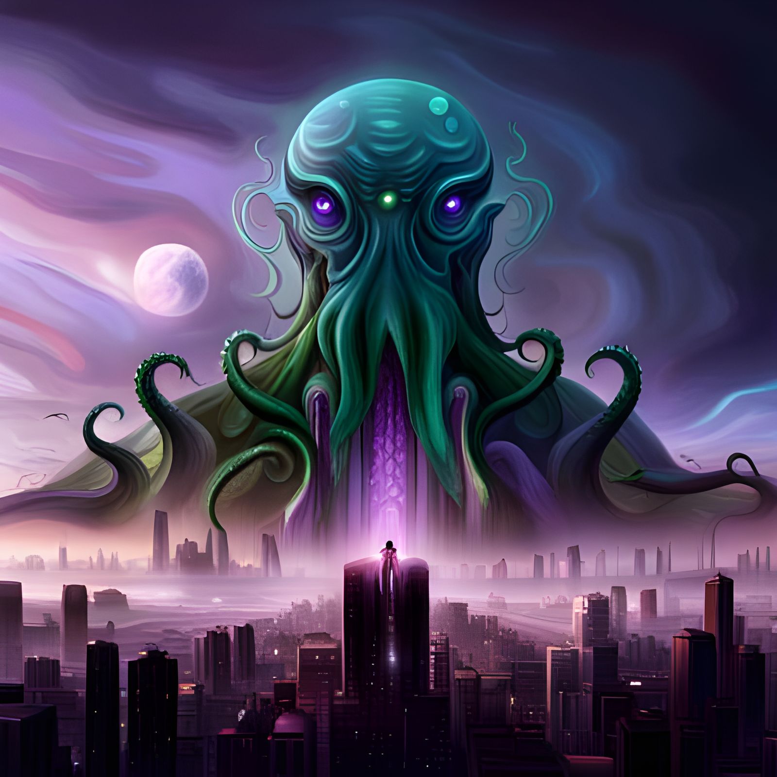 Cthulhu Octopus Looms Over City: Hyperrealistic Digital Art