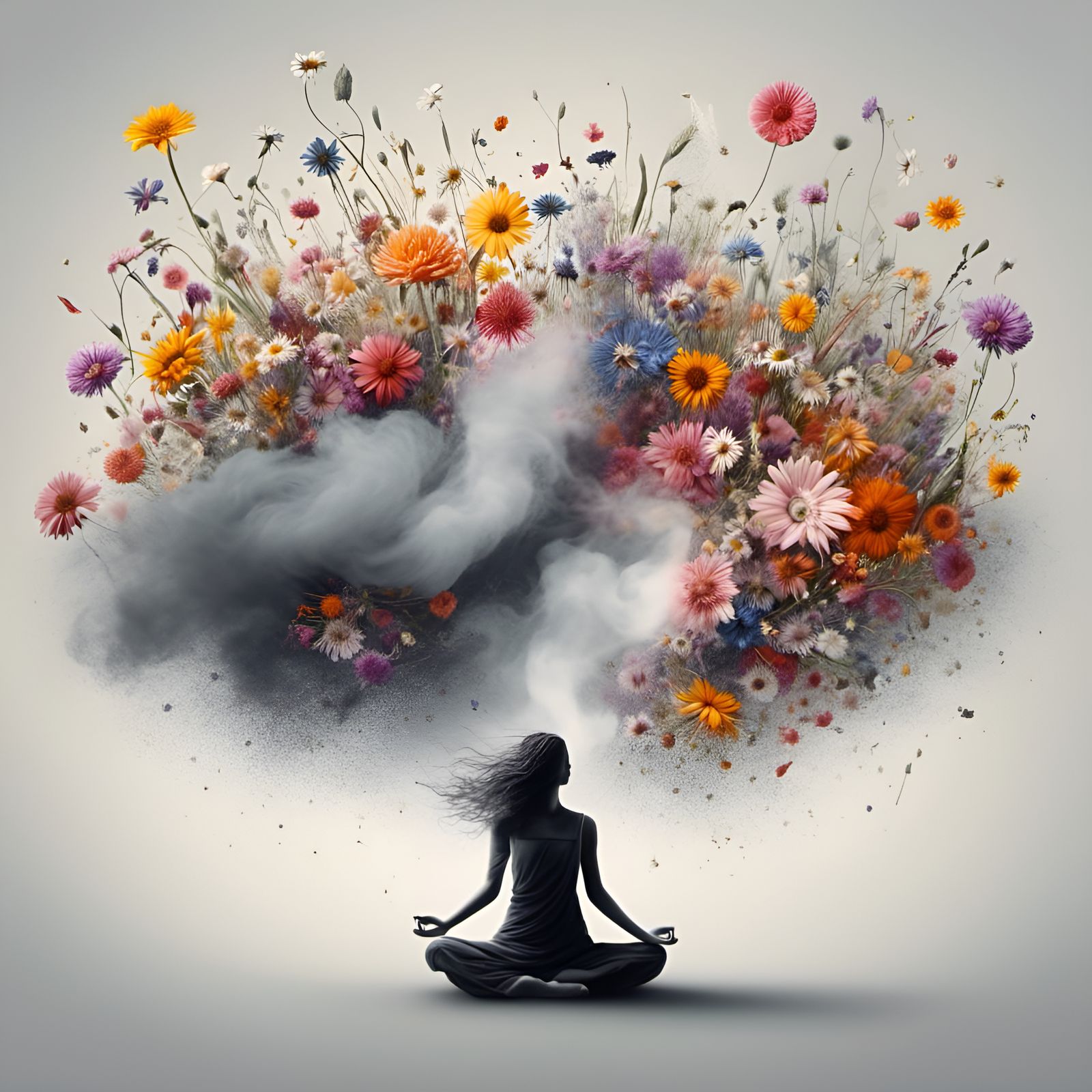 Ethereal Woman Meditating with Flowers