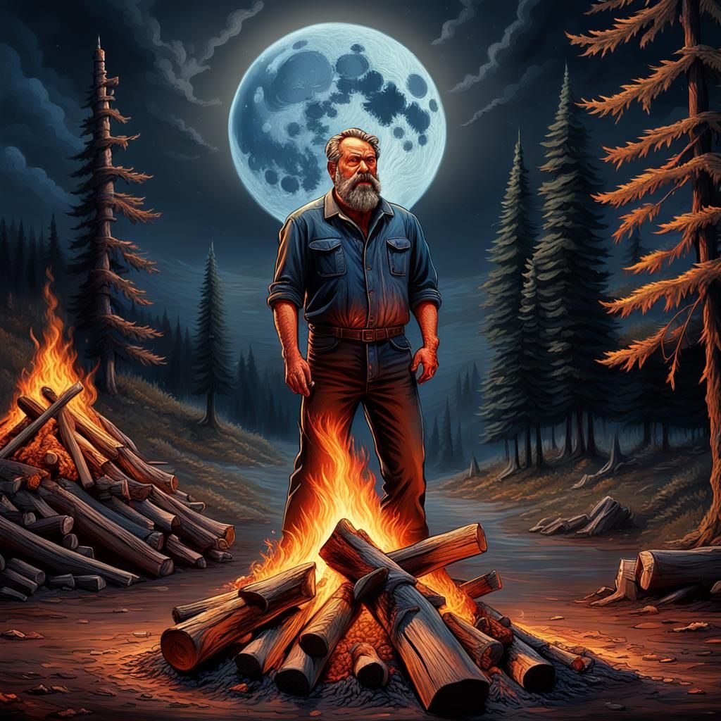 Furious Man by Bonfire in Hyperrealistic Style