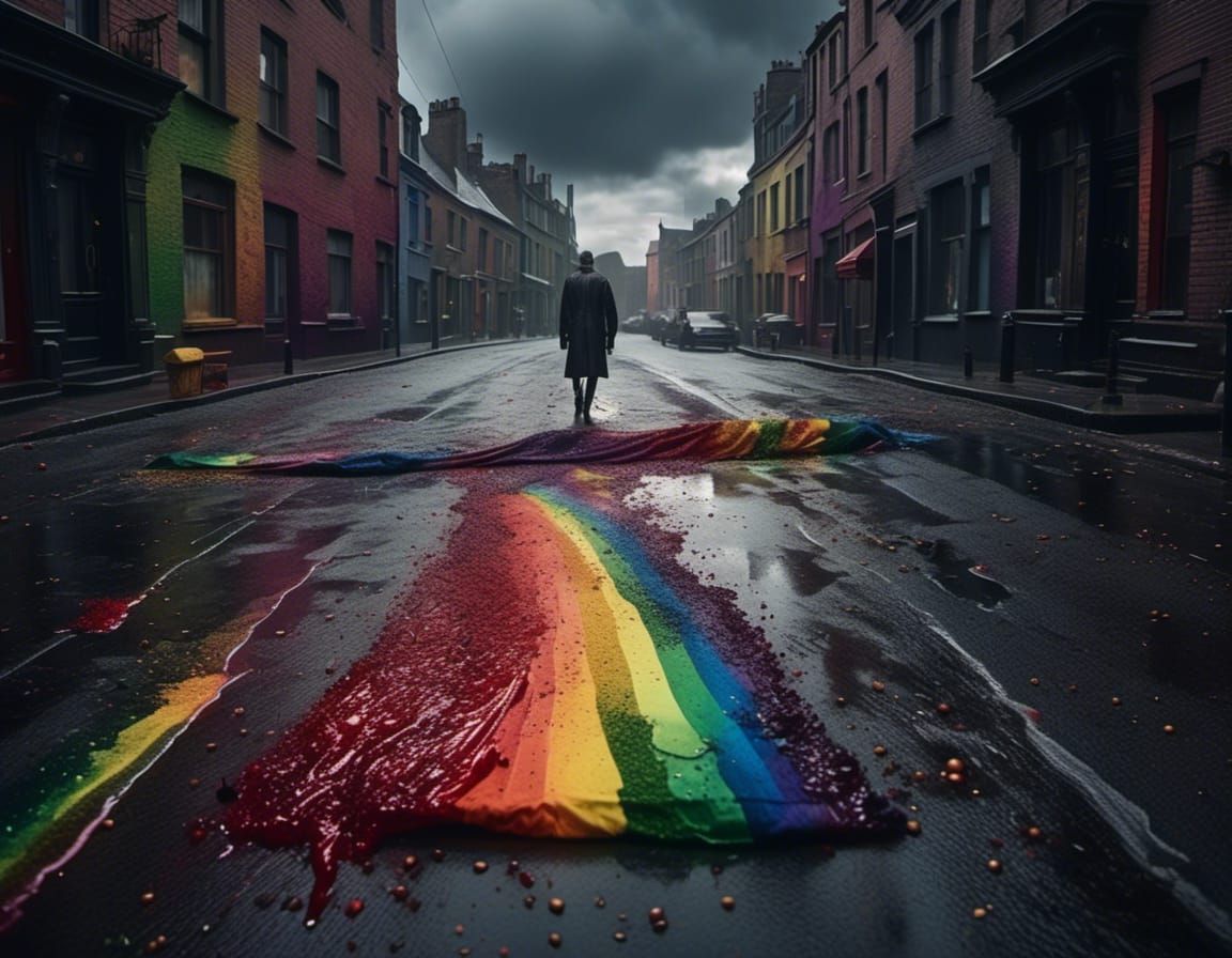 Rainbow Flag Covered in Blood on Dark Street