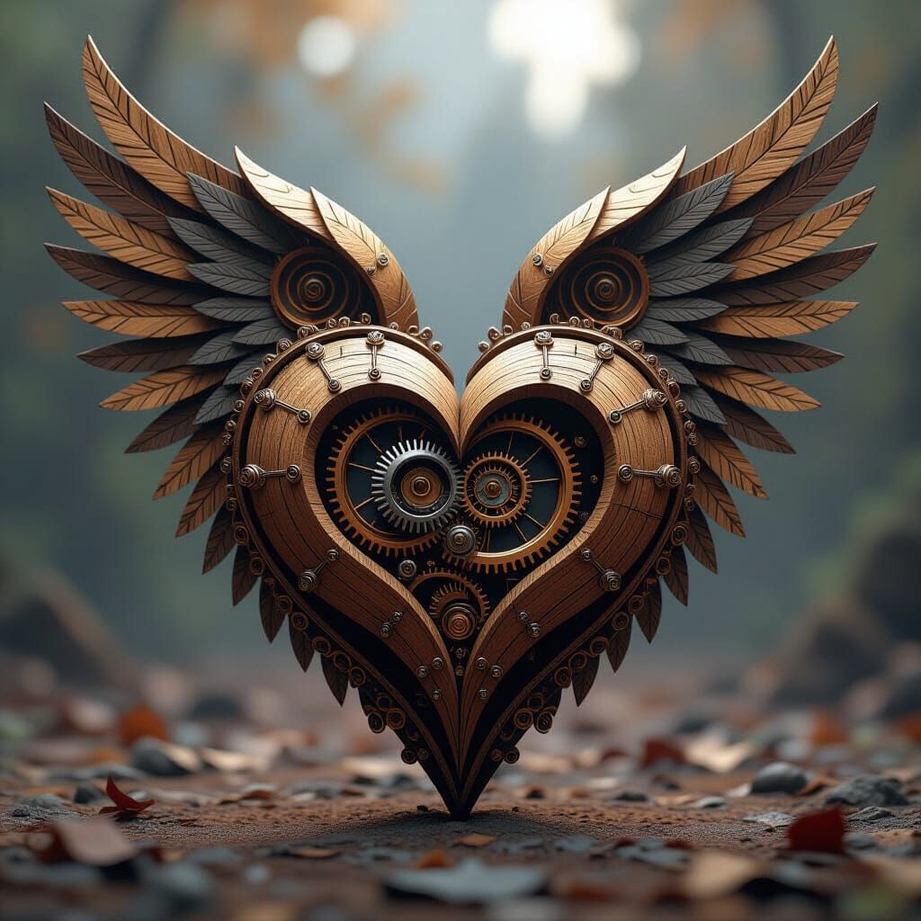 Intricately Carved Wooden Heart with Metallic Spirals