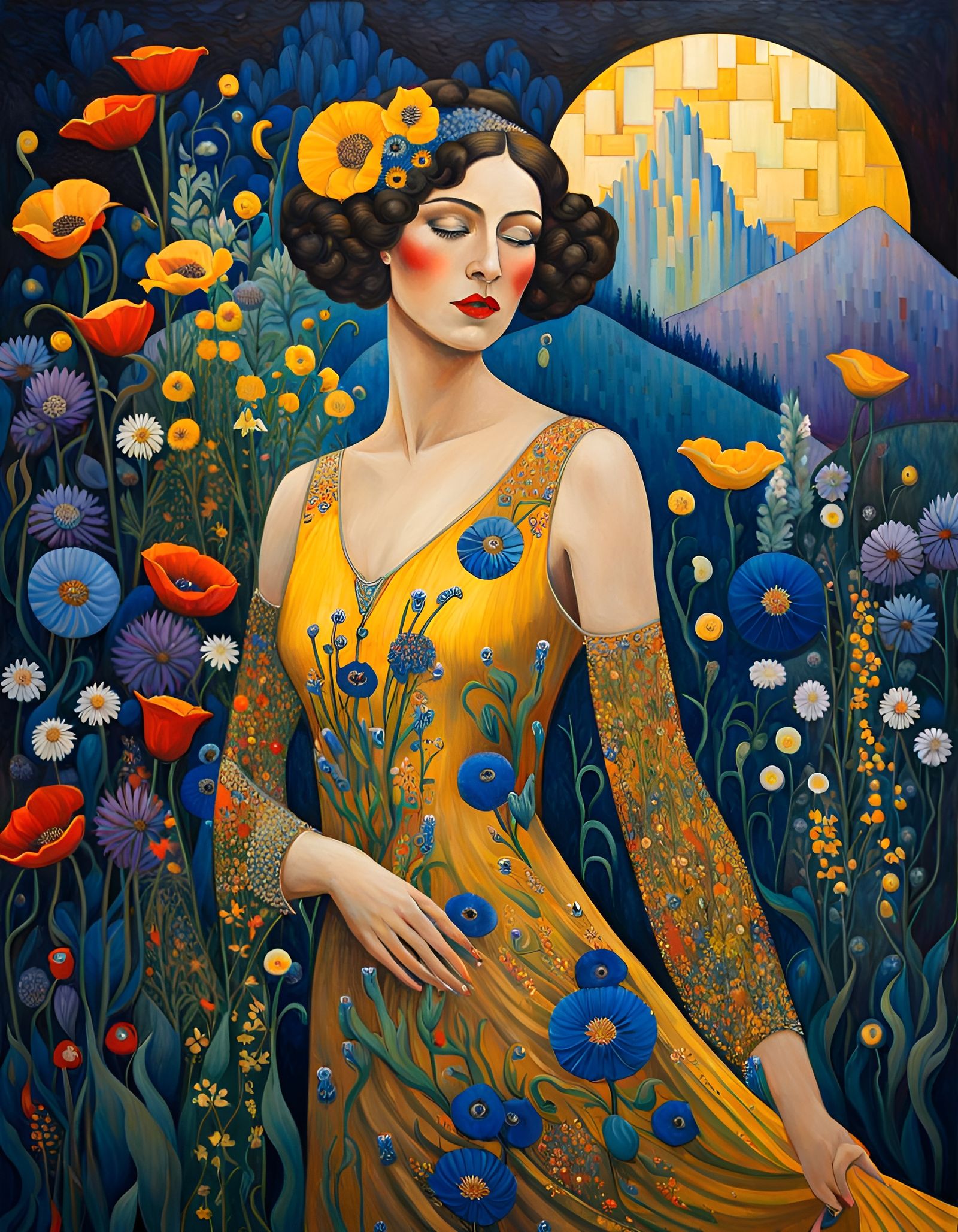 Woman in Wildflowers: Art Nouveau Painting in Klimt Style