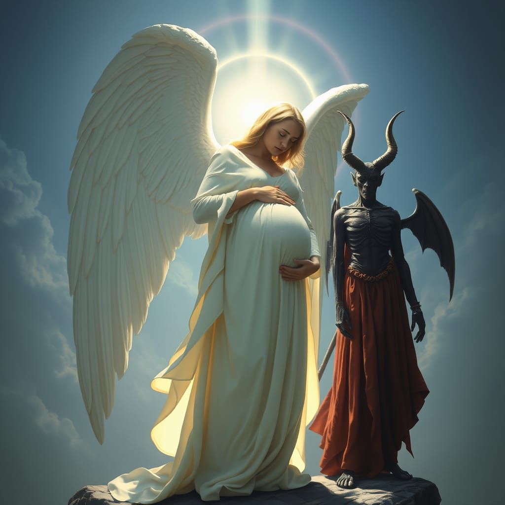 Pregnant Angel with Devil in Dark Romantic Style