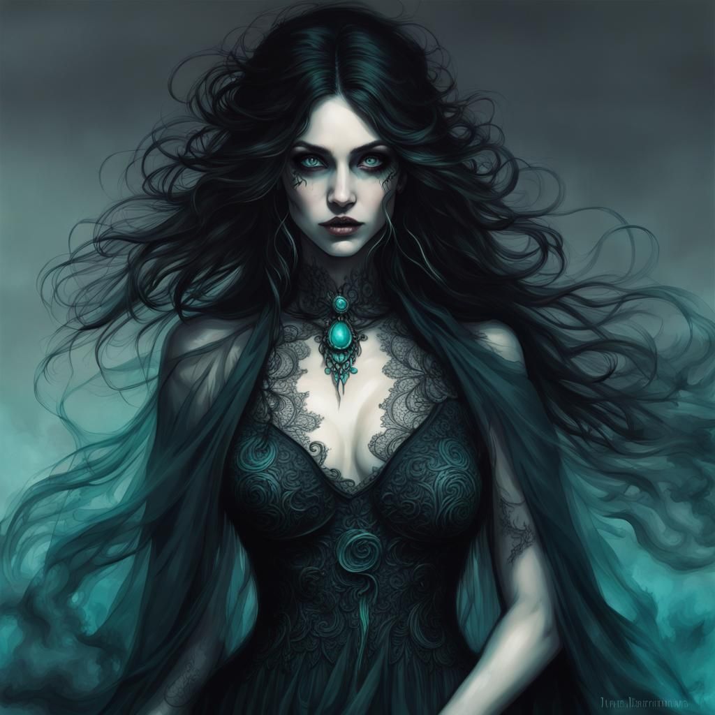 Cursed Witch in Black Lace: Dreamlike Digital Art