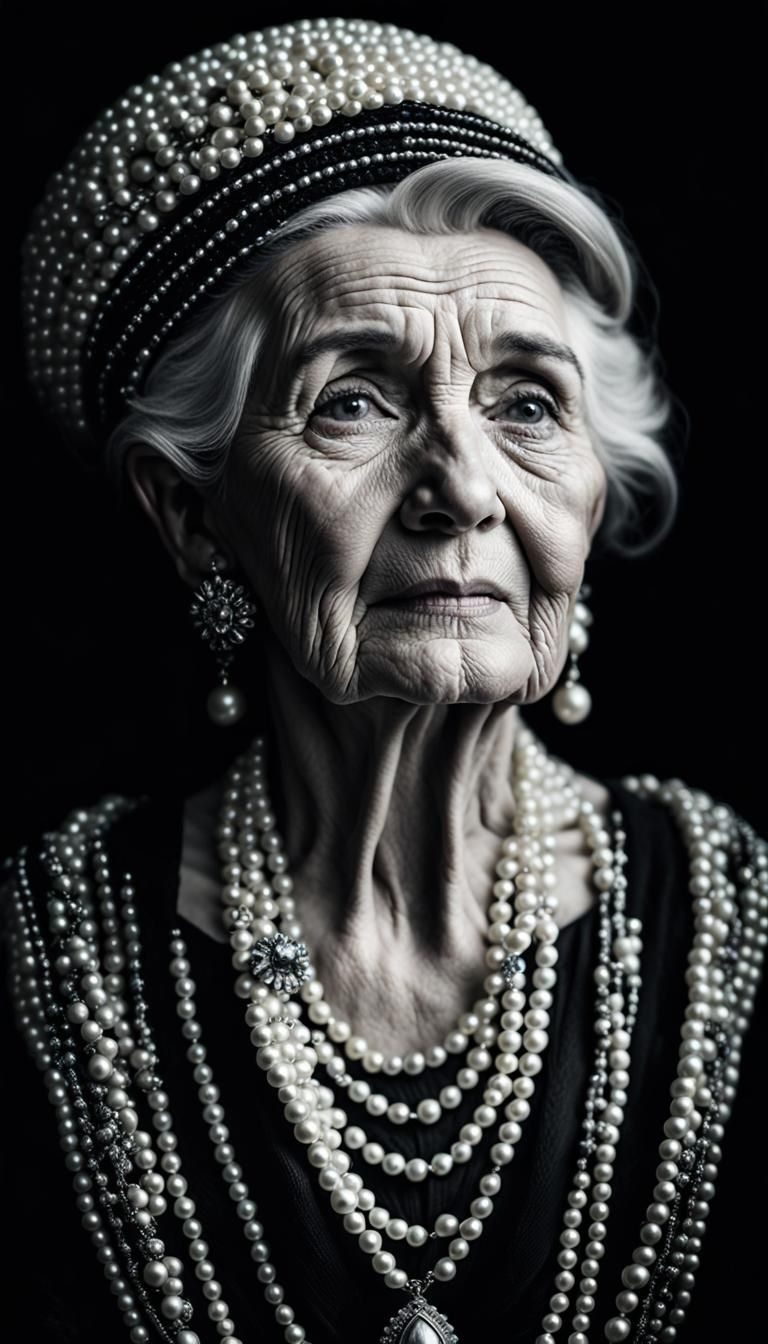 Elegant Centenarian in Pearls: Hyperrealistic Portrait