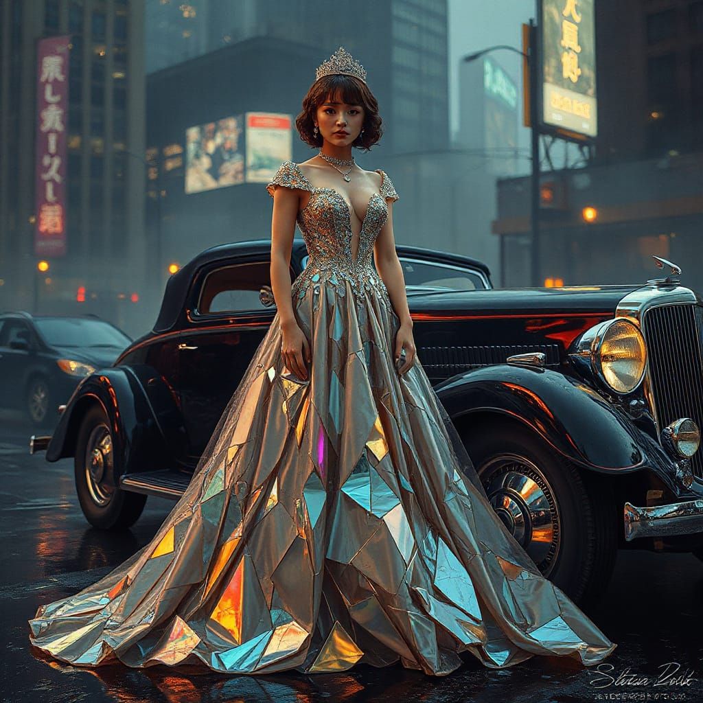 Anime Noblewoman in Iridescent Glass Gown Beside 1930s Car
