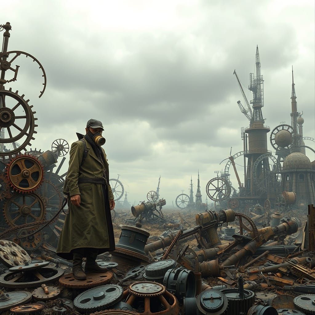 Steampunk Traveler in a Desolate Wasteland