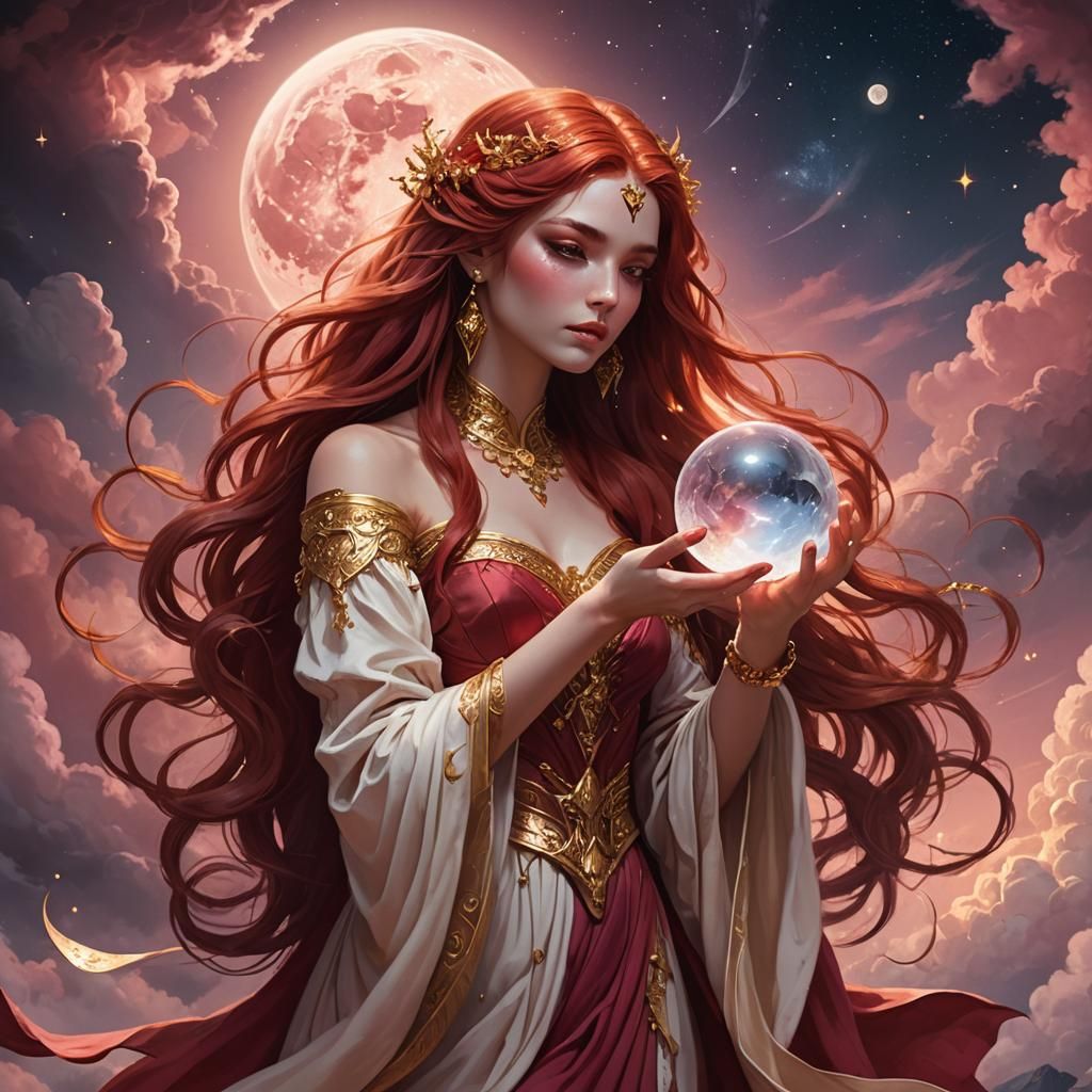 Fantasy Goddess with Crystal Ball in Pink Sky