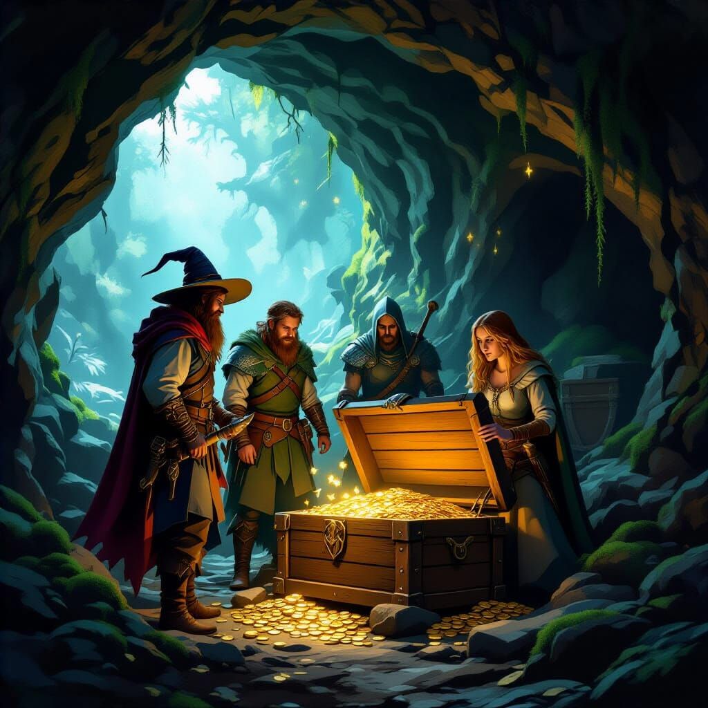 Fantasy Adventurers Discover Treasure in Cave