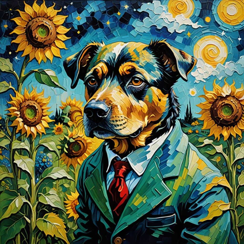 Impressionist Dog Portrait in Sunflowers, Inspired by Van Go...