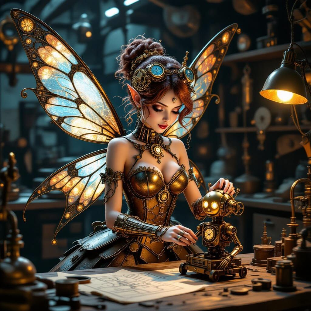 Steampunk Fairy Tinkering in Workshop