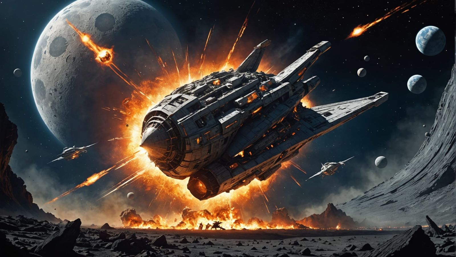 Starship Escapes Exploding Moon in Cosmic Scene