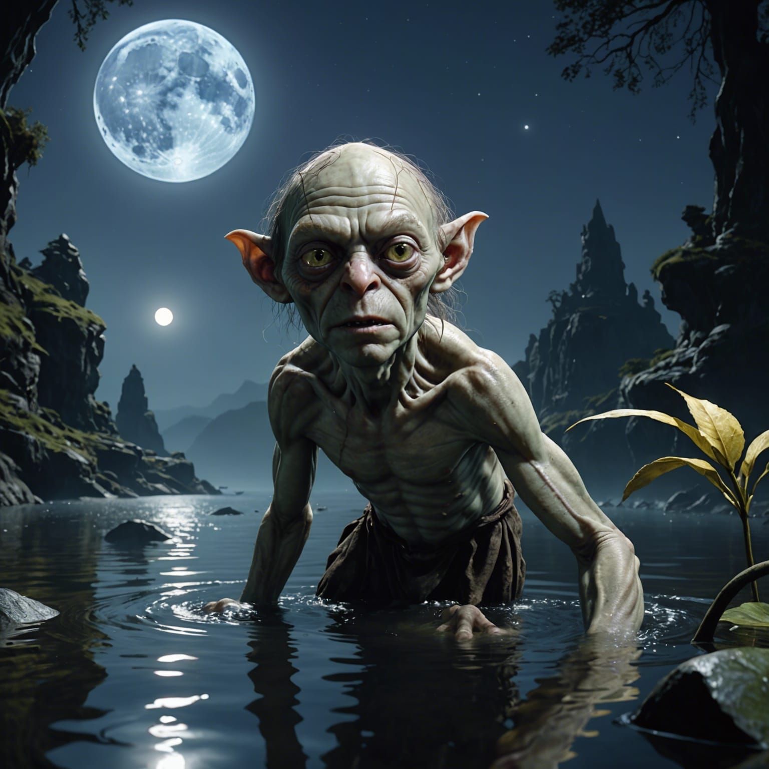 Gollum's Moonlit Reflection: A Dark Fantasy Masterpiece