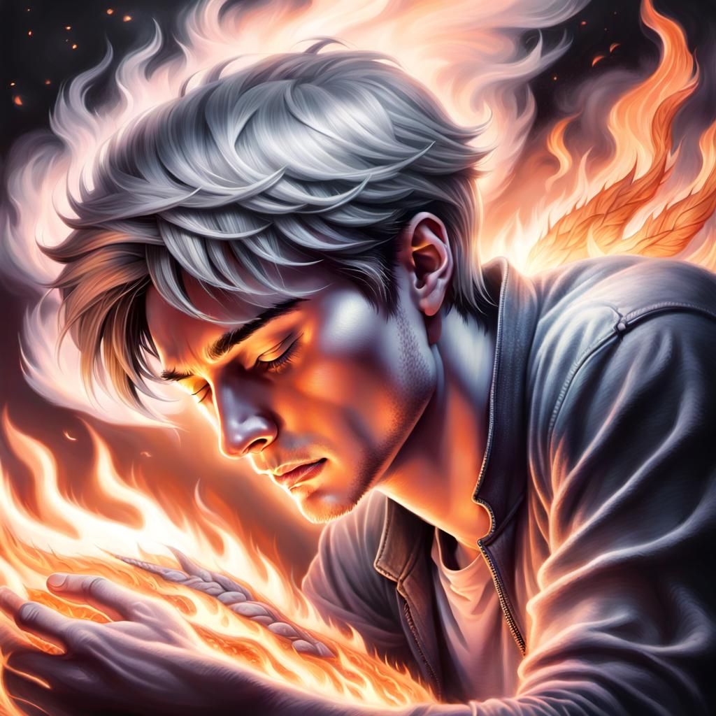 Man Asleep in Flames: Black and White Charcoal Drawing