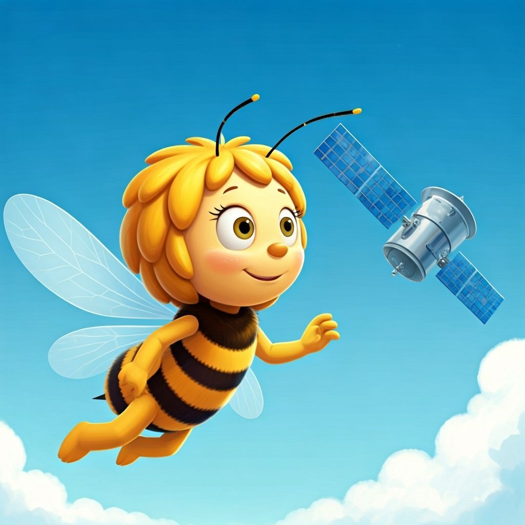 Maya the Bee Explores a Satellite in Whimsical Style