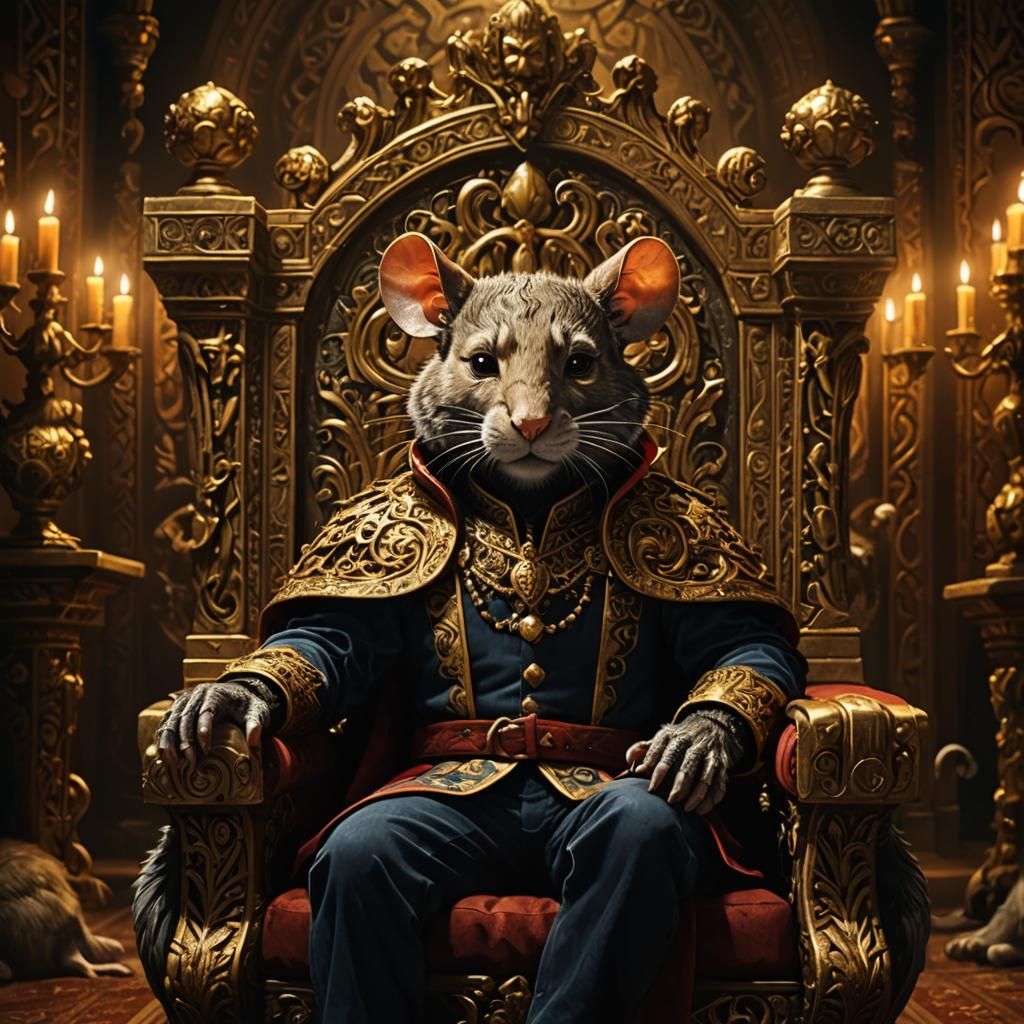 Regal Mouse-Man on Throne in Ornate Chamber