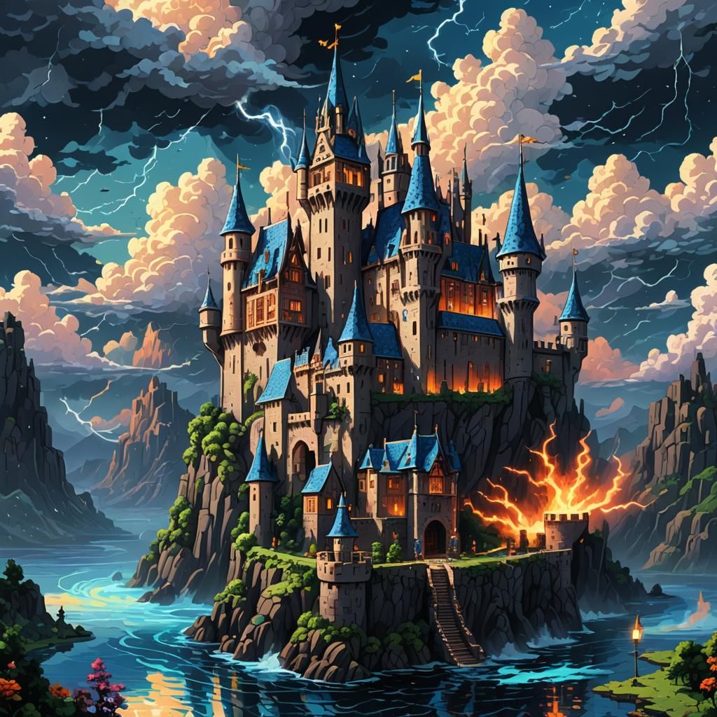 Whimsical Sky Castle Pixel Art with Wizard's Tower