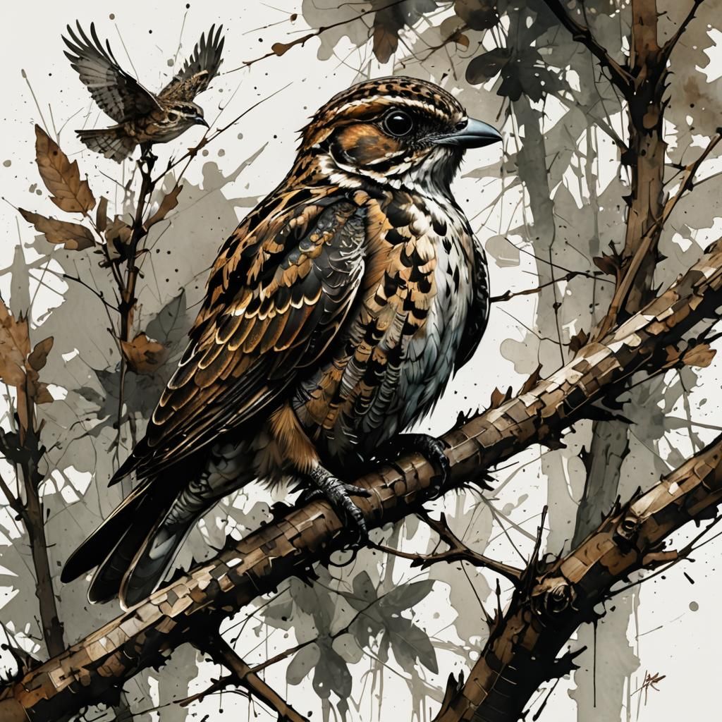 Nightjar on Branch in Inkblot Wildlife Art Style