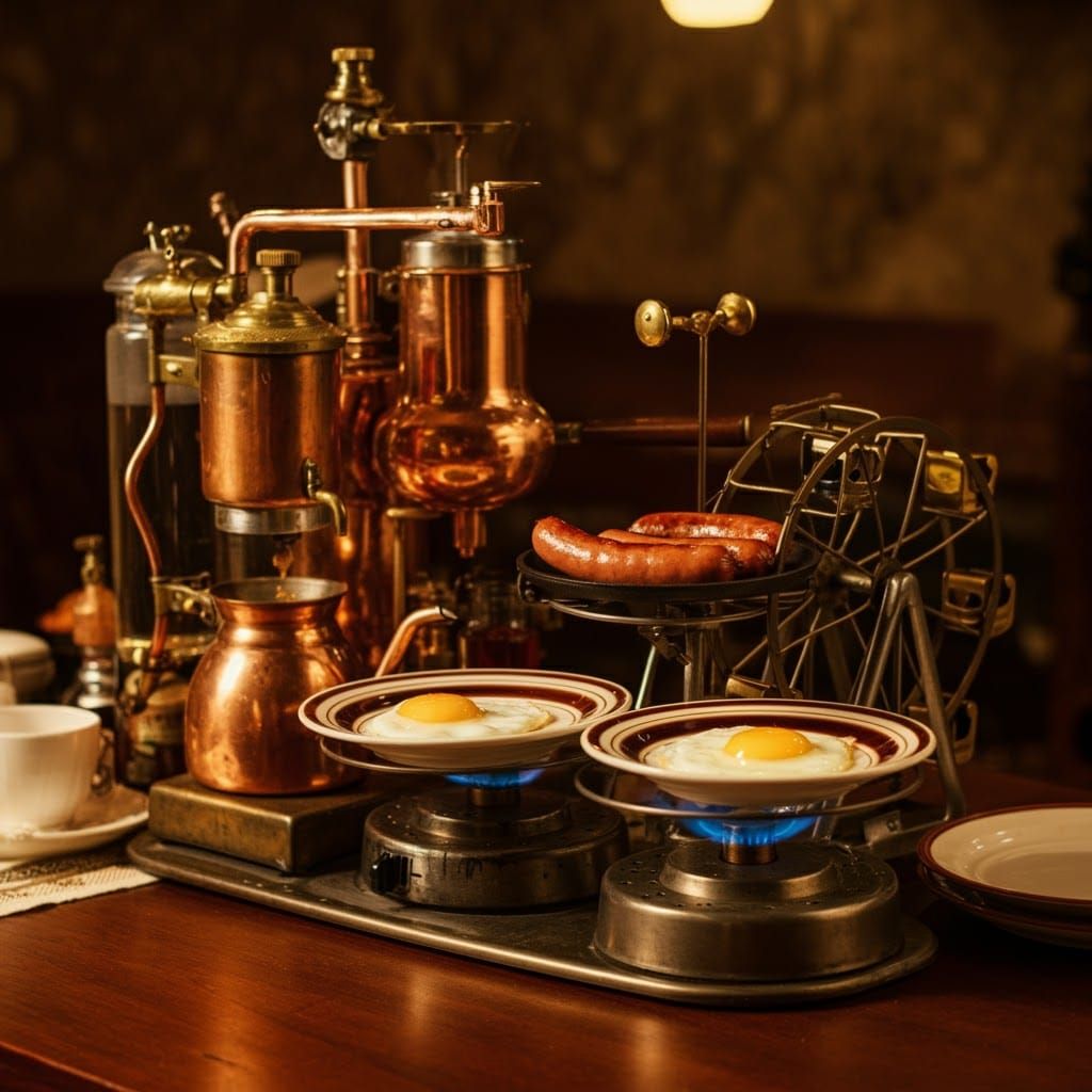 Steampunk Breakfast Machine in Retro-Futuristic Style