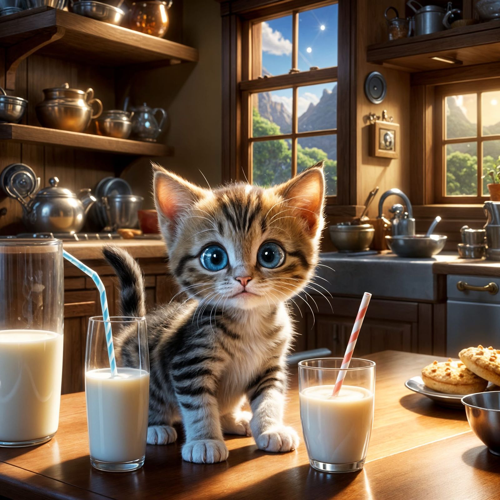 Kitten Drinks Milk: Hyperdetailed Pixar-style Image