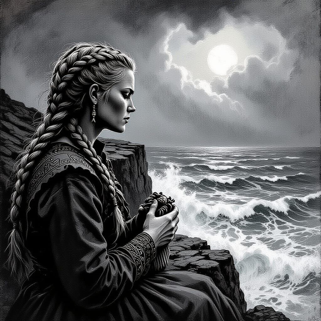 Viking Woman on Cliff in Woodcut Style