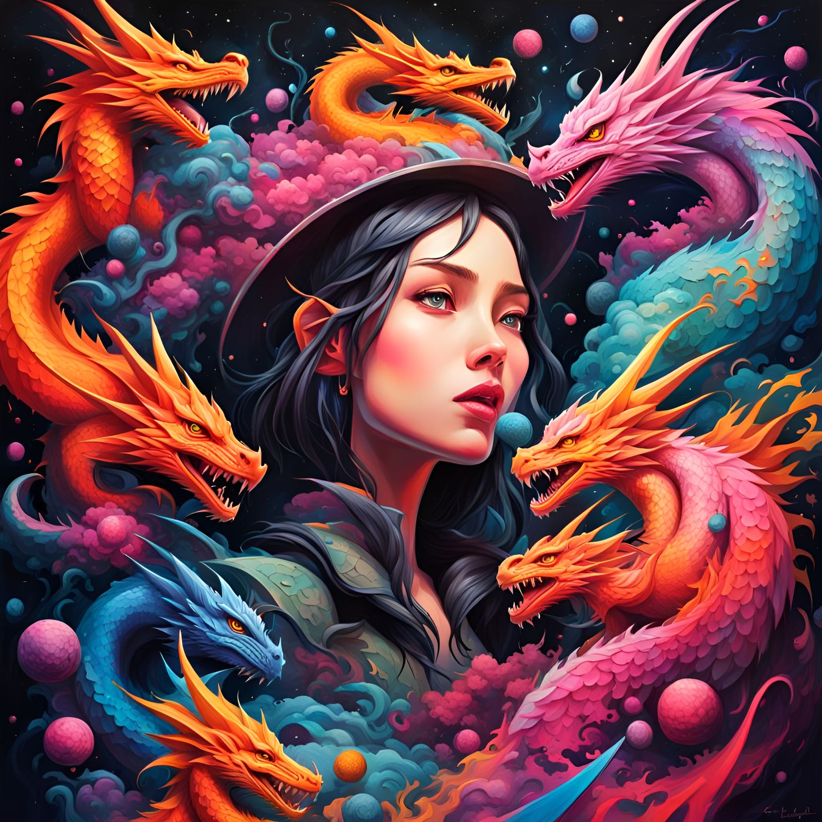 Girl in Magical Universe with Dragons, Graffiti Art