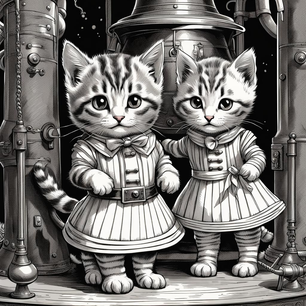 Victorian Kittens in Diving Bell: Tenniel Style Illustration