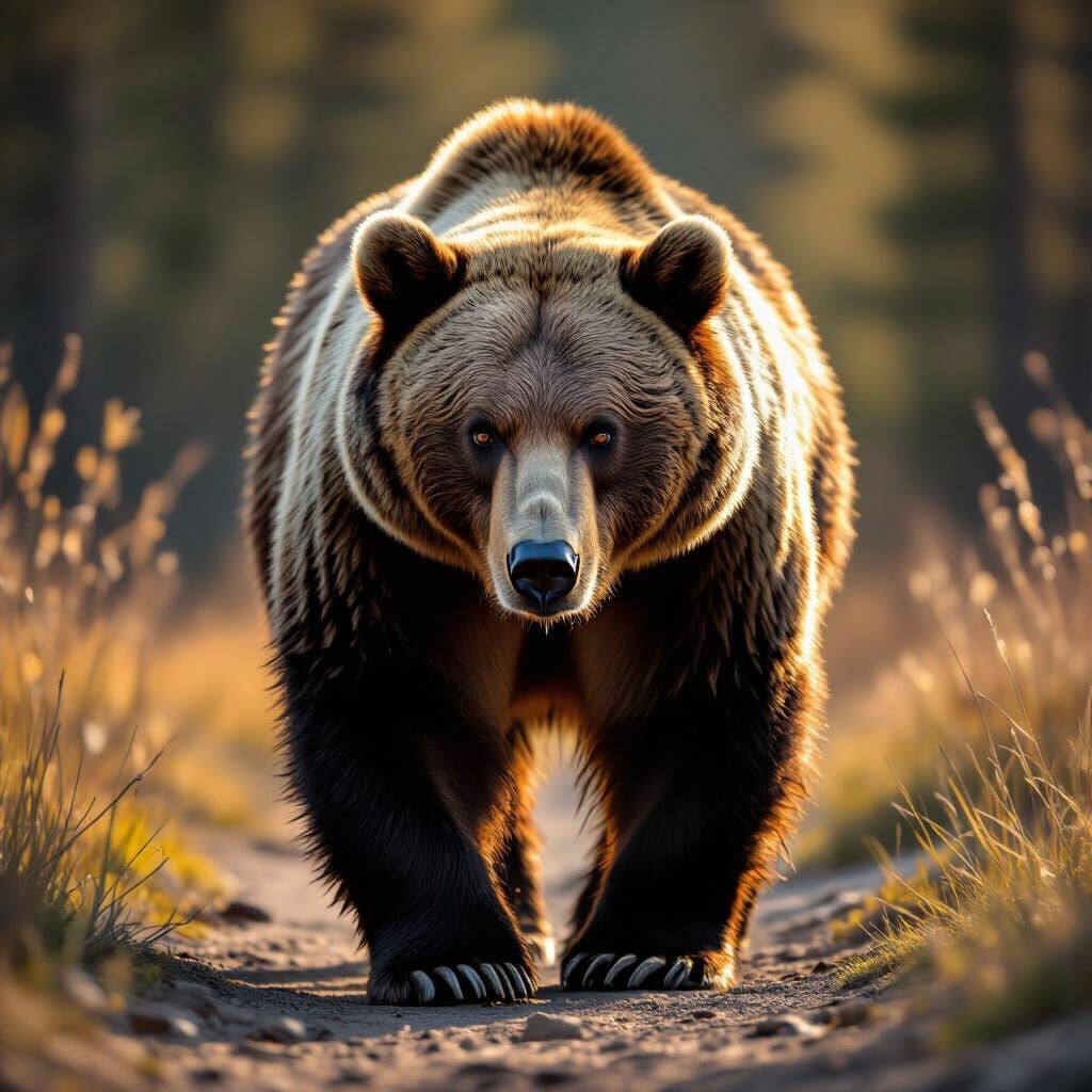 Majestic Grizzly Bear Gazes Directly at Camera in Golden Hou...