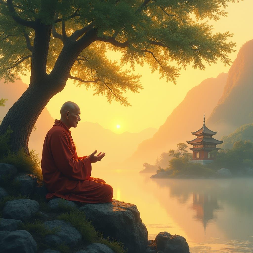 Buddhist Monk Meditates Under Sunrise Tree in Serene Mountai...