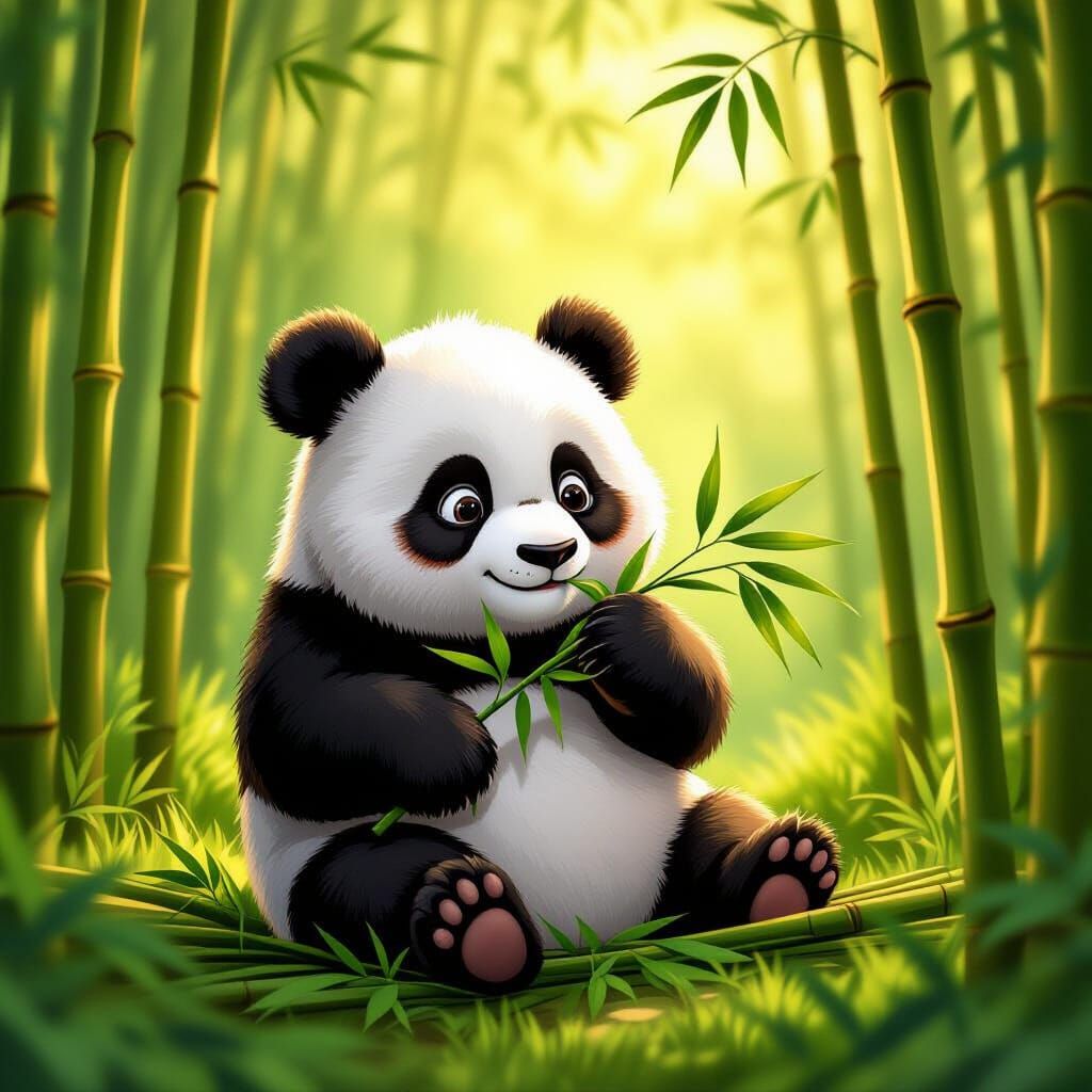 Cute Panda Eating Bamboo in Sun-Dappled Forest