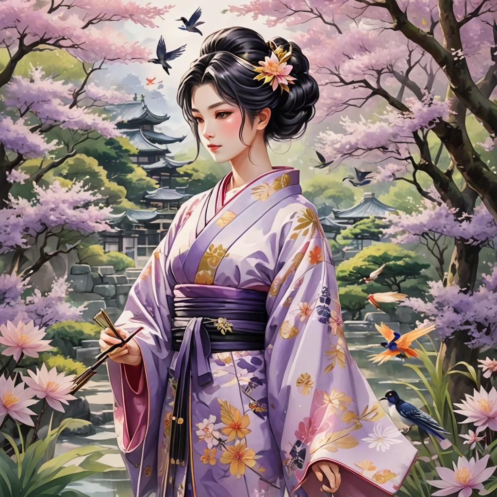 Kimono-Clad Woman in Japanese Garden Anime Art