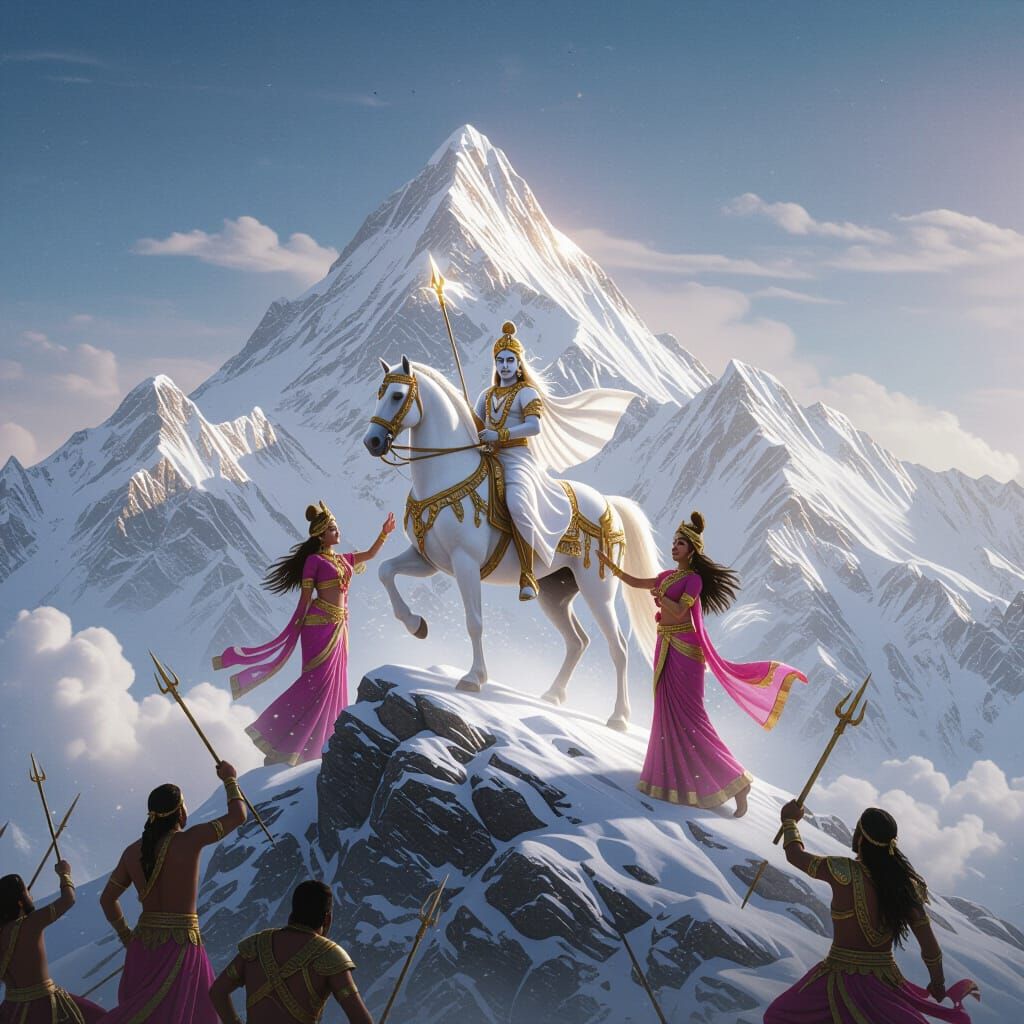 Kalki on White Horse Embraces Consorts on Luminous Peak