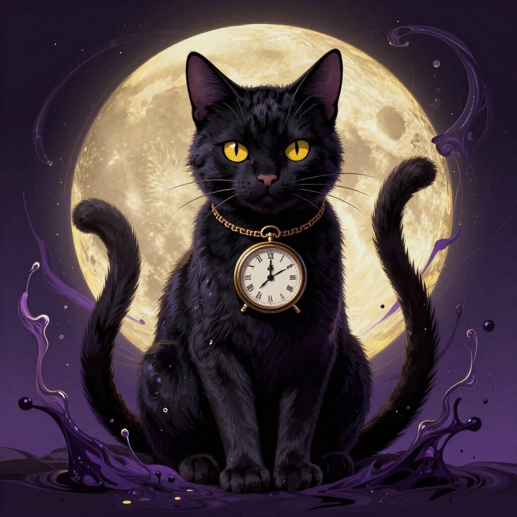 Mystical Black Cat with Moon and Clock