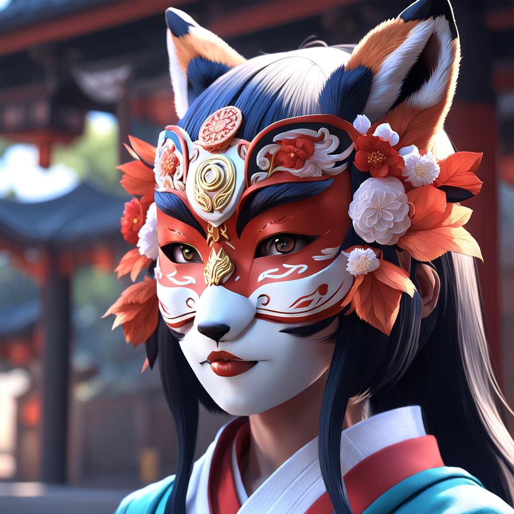 Oriental Woman in Fox Mask, 3D Anime Art