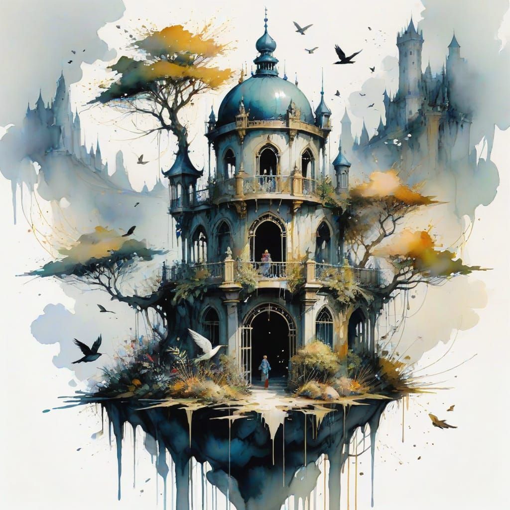 Gilded Cage on Floating Island with Whimsical Castles