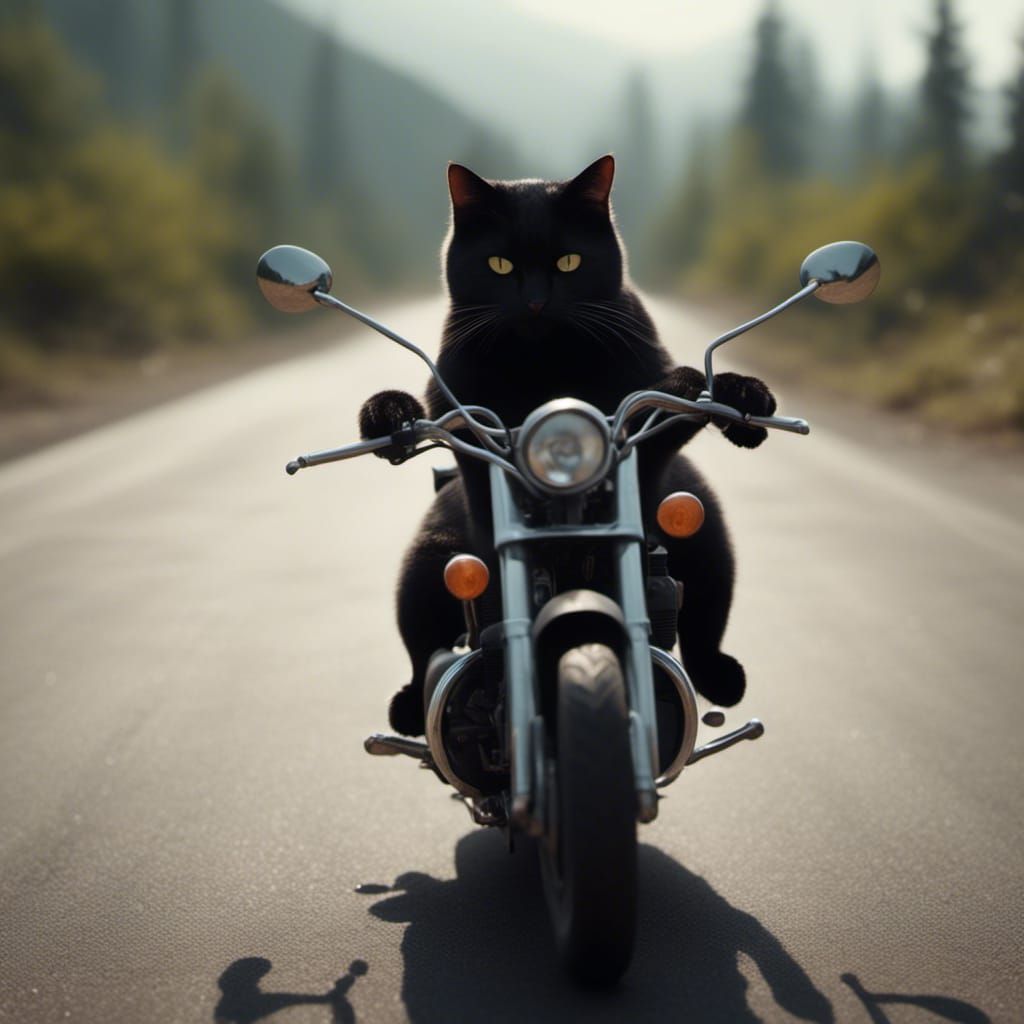 Anthropomorphic Black Cat on Motorcycle