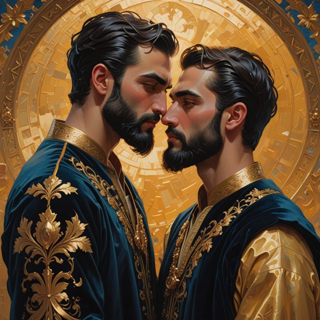 Handsome Arab Men Kissing in Velvet Robes