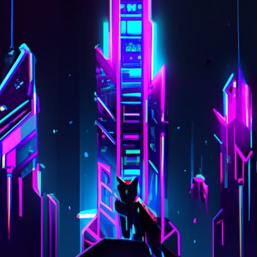 Cat Observes Neon Cityscape in Cyberpunk Style