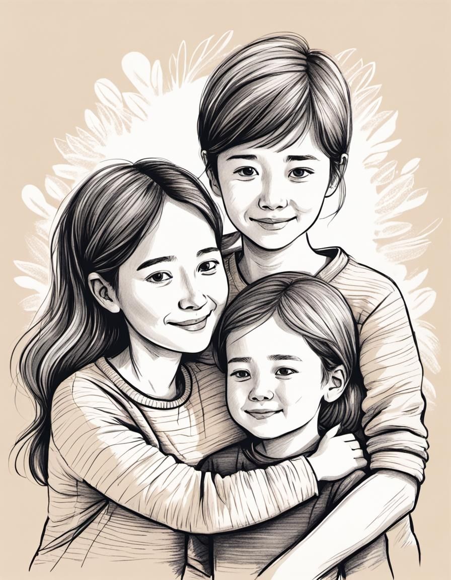 Warm Hand-Drawn Illustration of Mother and Children