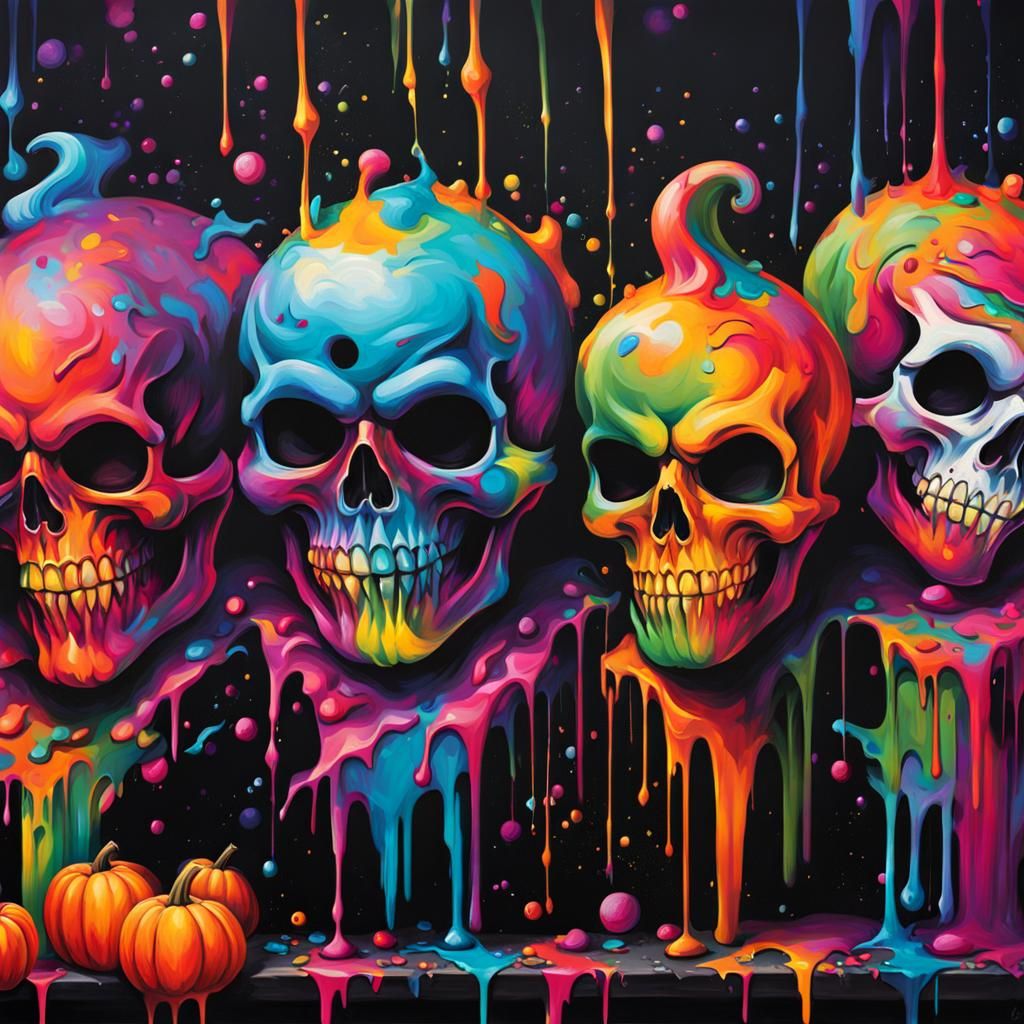 Colorful Dripping Skulls in Graffiti Street Art Style