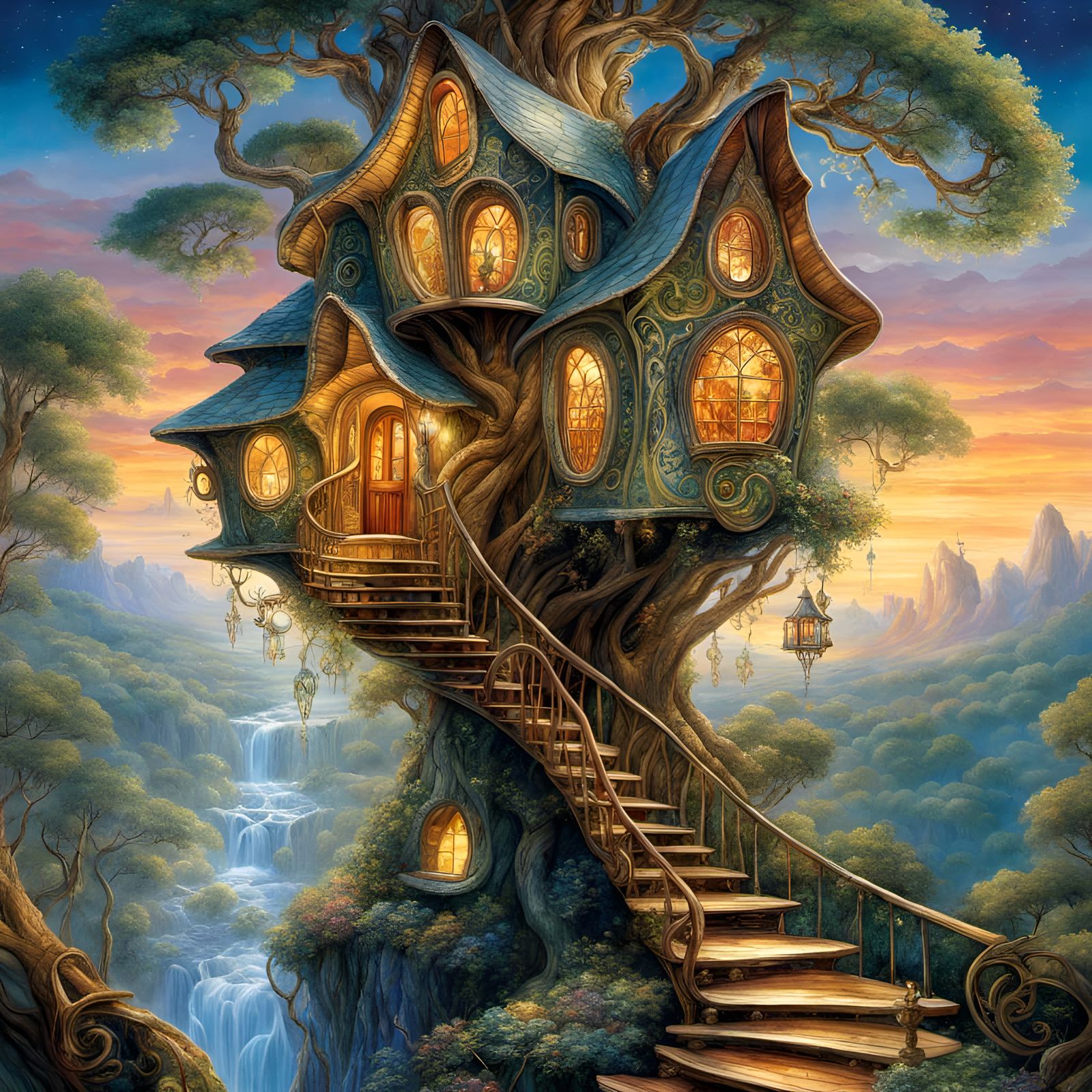 Enchanted Glass Treehouse in Whimsical Fantasy Landscapes
