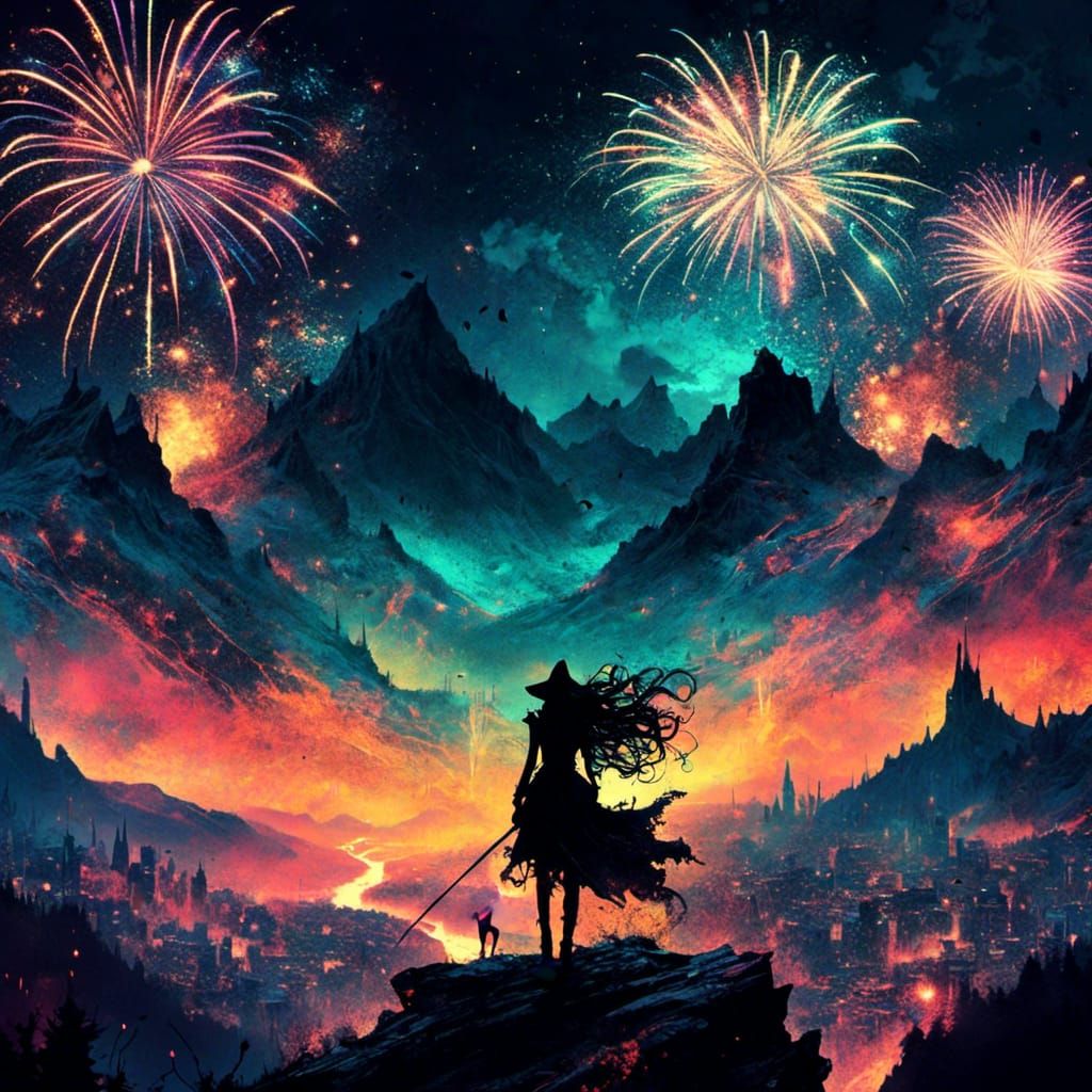 Witch Silhouette Over City Fireworks in Inkpunk Style
