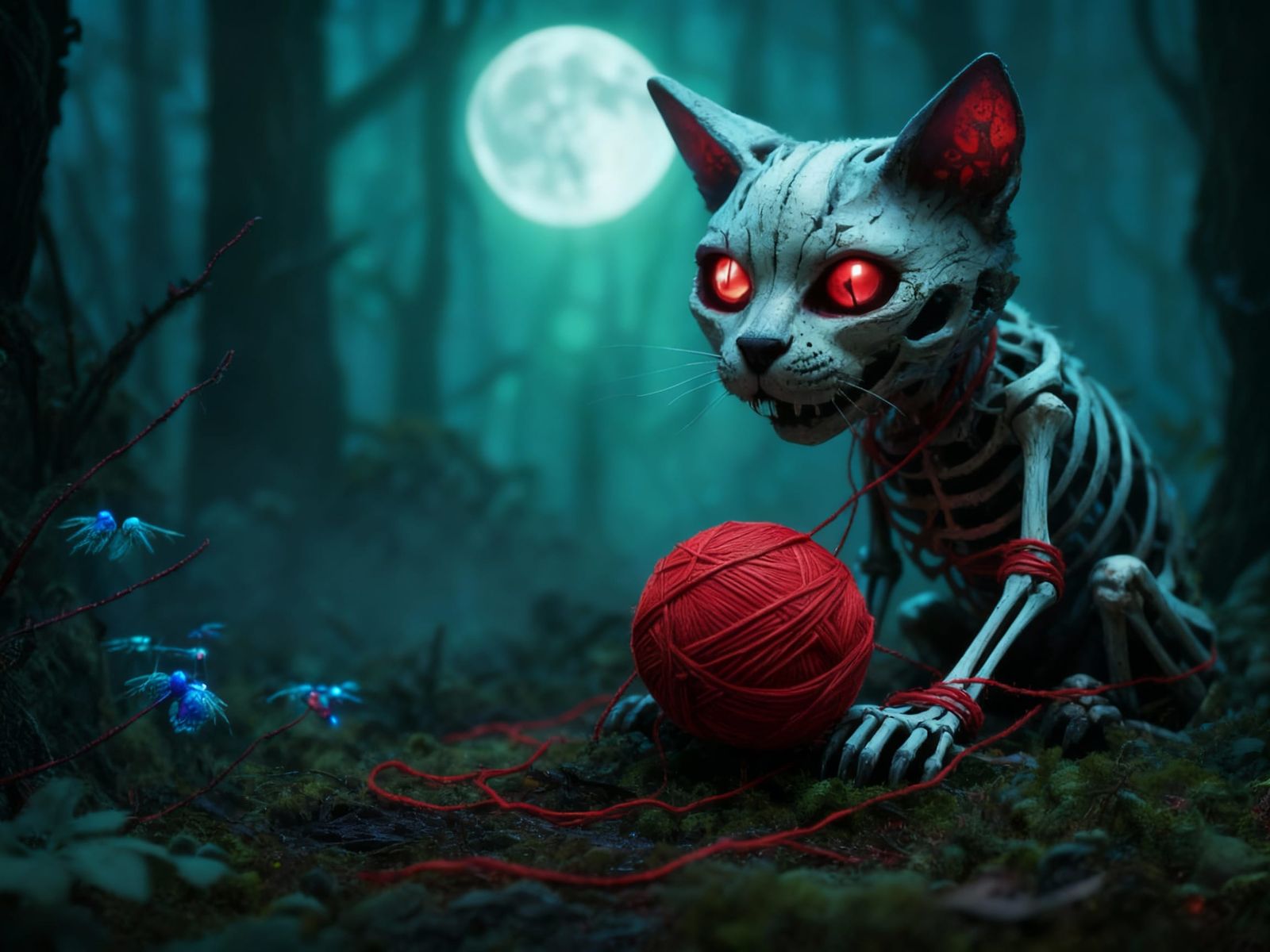 Terrifying Skeleton Cat in Magical Forest