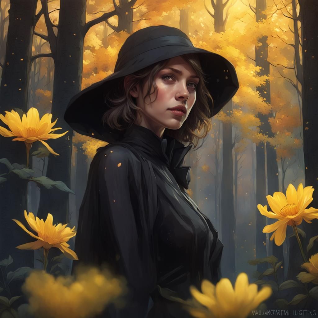 Girl in Black with Yellow Flowers Portrait