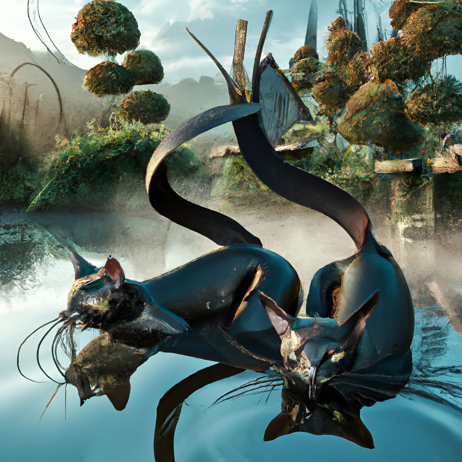 Photorealistic Catfish Pair in Pond, Hyperrealism