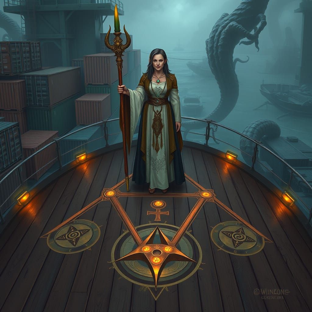 Ethereal Cleric Amidst Twisted Harvest in a Dark Arcane Port