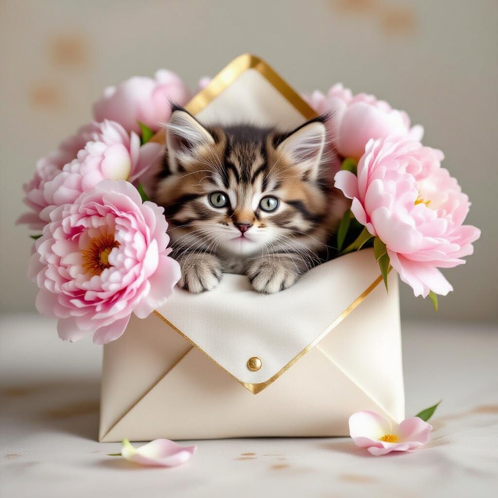 Fluffy Kitten Amongst Peonies in Watercolor Style